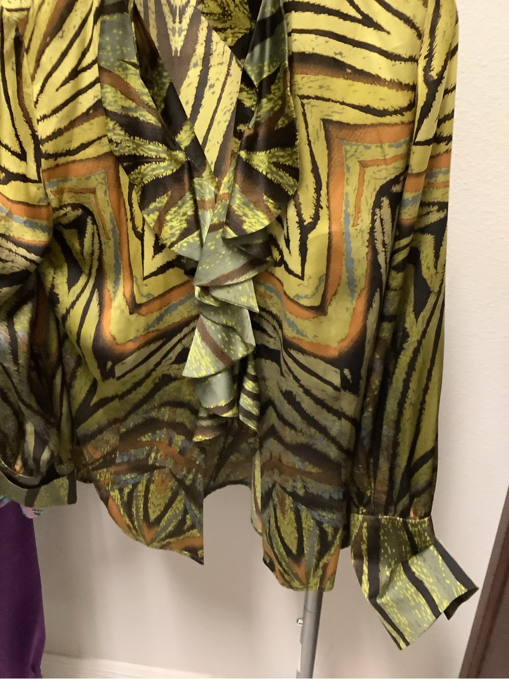 St. John Collection Green and Orange Abstract Ruffle Front Blouse